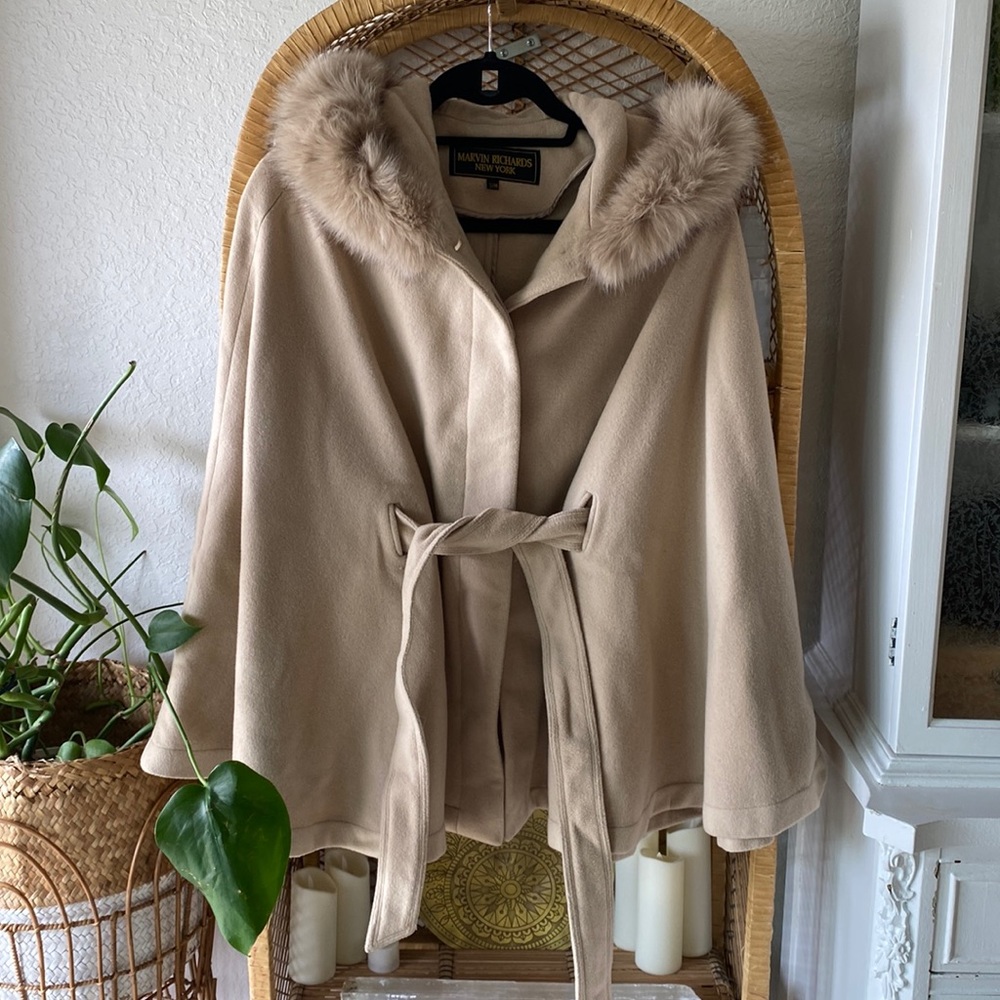 Vintage wool poncho with real fur trim